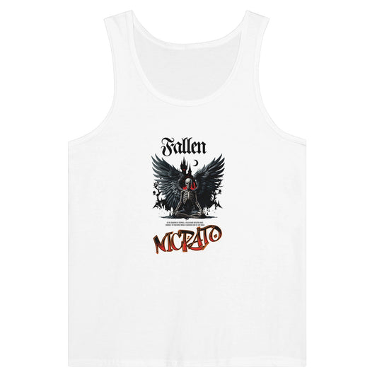 Premium unisex tank top with fallen angel design on white fabric.