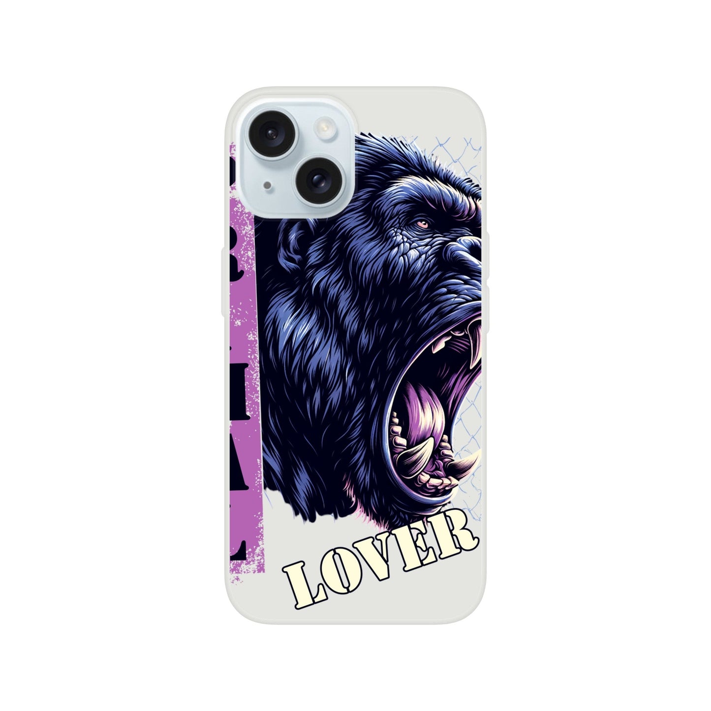 Transparent phone case with gorilla art design, "Primal Lover"; flexible, impact-resistant, compatible with wireless charging.