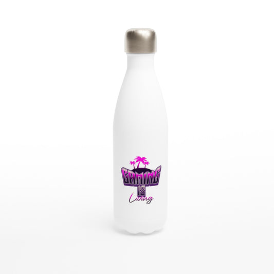 White 17oz stainless steel water bottle with "Gaming is Living" design.