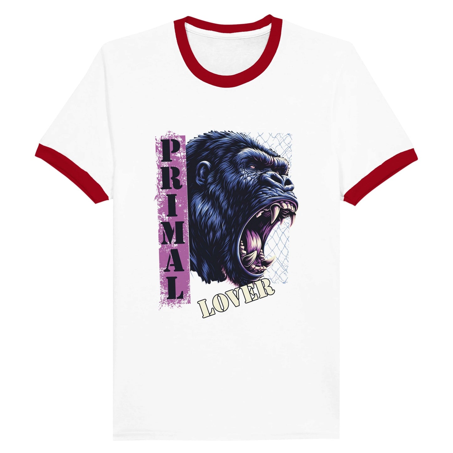 Unisex Ringer T-shirt with "Primal Lover" design, featuring contrasting red neck and sleeves.