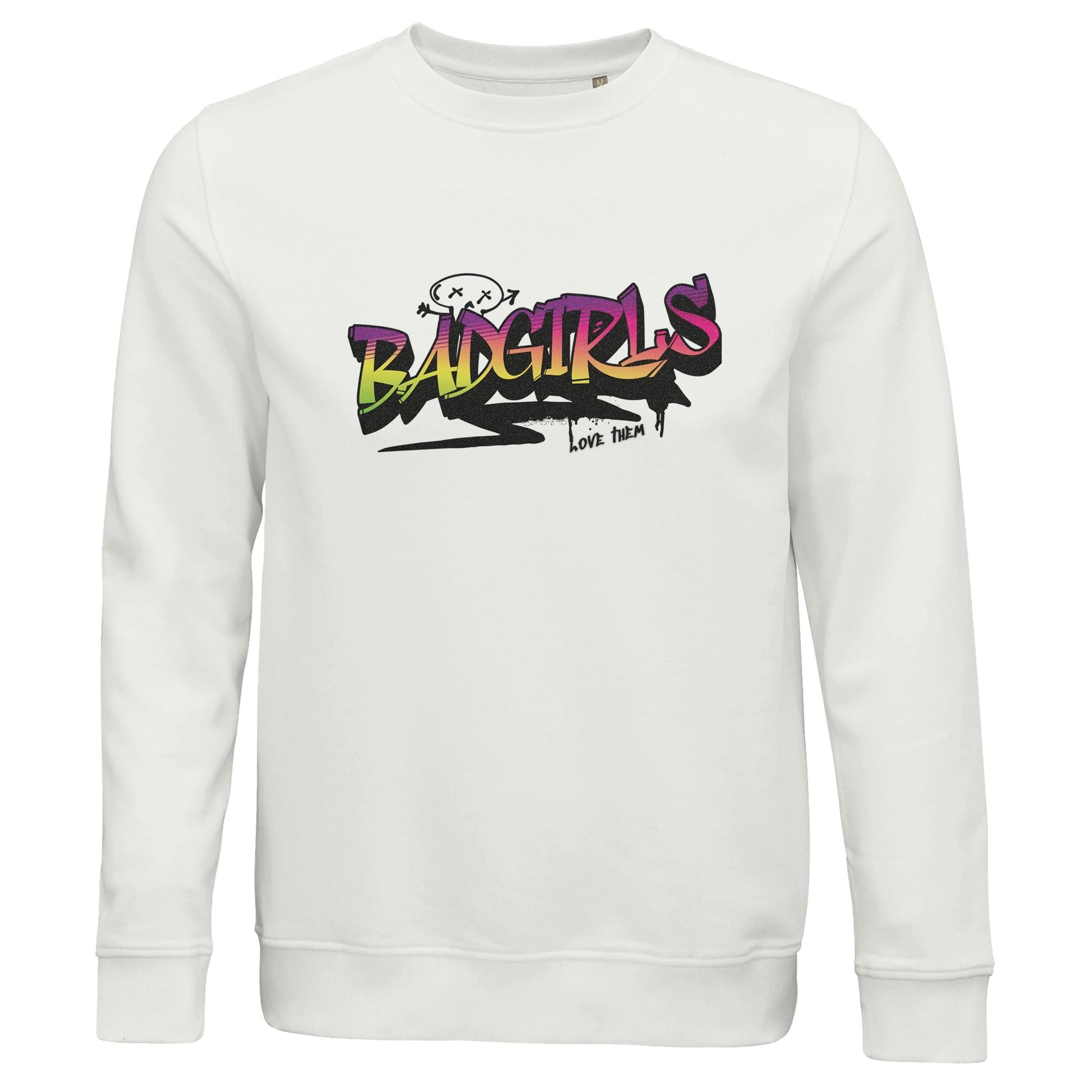 Organic unisex crewneck sweatshirt with "Bad Girls" design, eco-friendly cotton and recycled polyester blend.