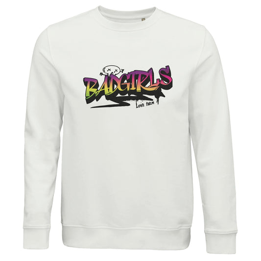 Organic unisex crewneck sweatshirt with "Bad Girls" design, eco-friendly cotton and recycled polyester blend.