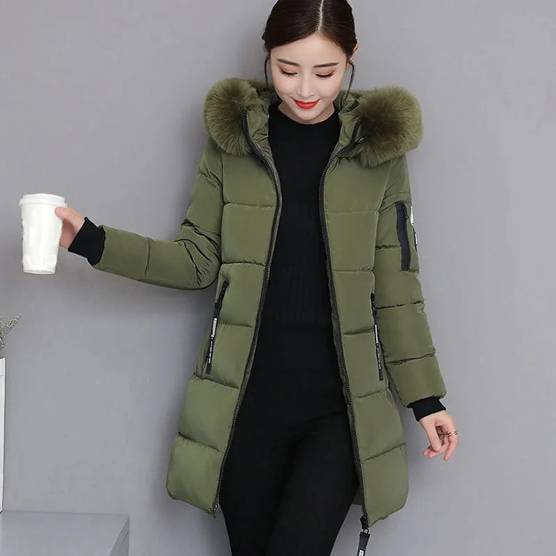 Parka con cappuccio e collo in pelliccia invernale da donna, alla moda, con lettere, tasche con cerniera, design lungo, elegante, sottile, caldo e spesso, cappotti femminili