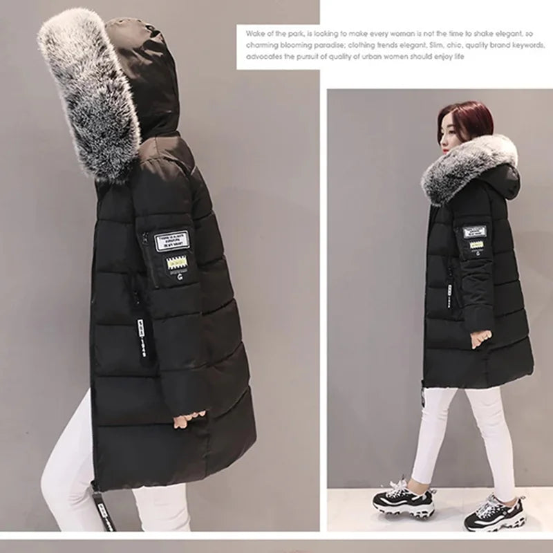 Damen Winter Parka mit Pelzkragen und Kapuze, modisch, mit Buchstaben-Patch, Reißverschlusstaschen, Design, lange Jacke, elegant, schlank, warm, dick, Damenmäntel