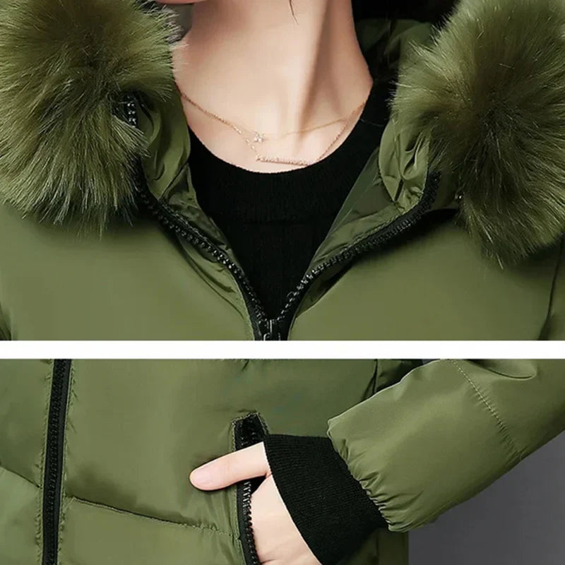 Parka con cappuccio e collo in pelliccia invernale da donna, alla moda, con lettere, tasche con cerniera, design lungo, elegante, sottile, caldo e spesso, cappotti femminili