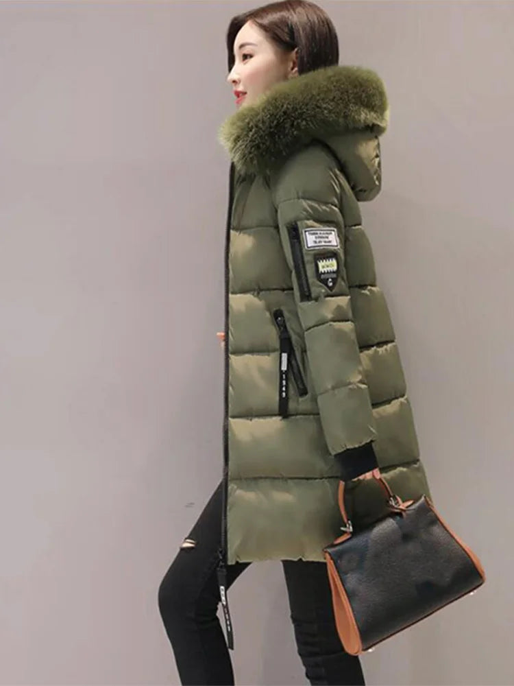 Damen Winter Parka mit Pelzkragen und Kapuze, modisch, mit Buchstaben-Patch, Reißverschlusstaschen, Design, lange Jacke, elegant, schlank, warm, dick, Damenmäntel