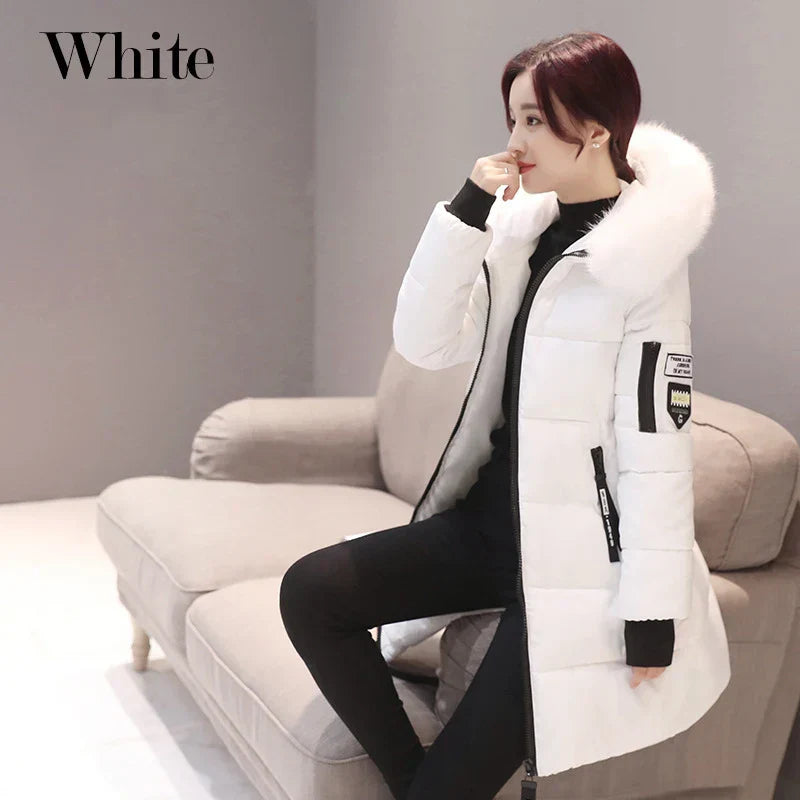 Women Winter Fur Collar Hooded Parka Fashion Letter Patch Zipper Pockets Design Long Jacket Elegant Slim Warm Thick Female Coats