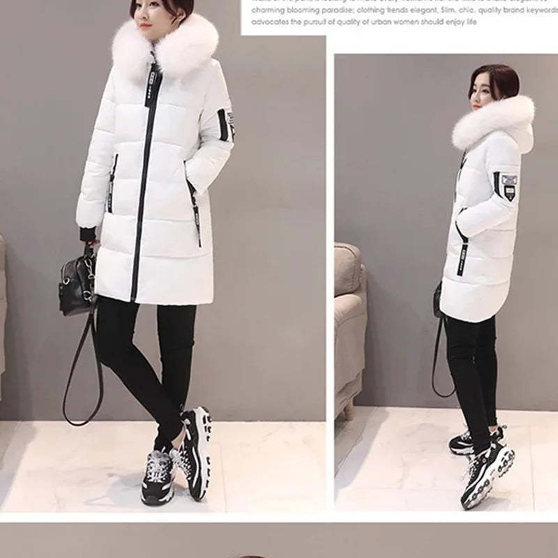 Parka con cappuccio e collo in pelliccia invernale da donna, alla moda, con lettere, tasche con cerniera, design lungo, elegante, sottile, caldo e spesso, cappotti femminili