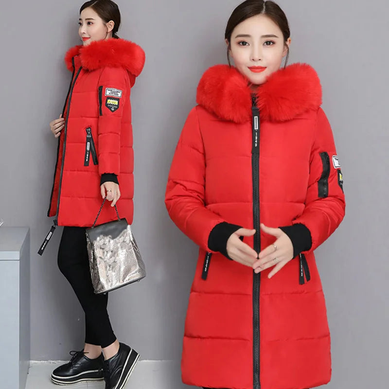 Parka con cappuccio e collo in pelliccia invernale da donna, alla moda, con lettere, tasche con cerniera, design lungo, elegante, sottile, caldo e spesso, cappotti femminili