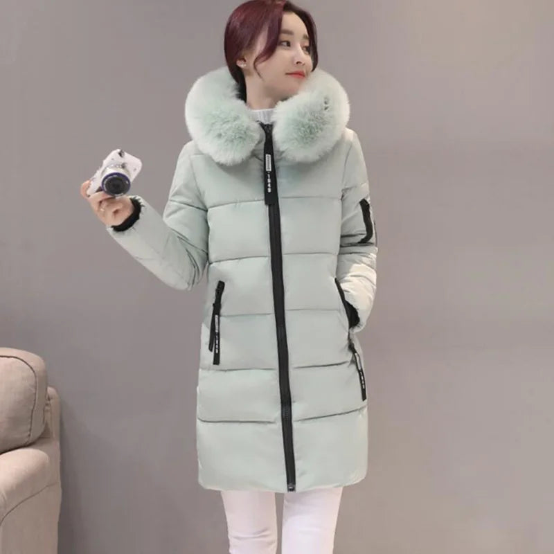 Parka con cappuccio e collo in pelliccia invernale da donna, alla moda, con lettere, tasche con cerniera, design lungo, elegante, sottile, caldo e spesso, cappotti femminili