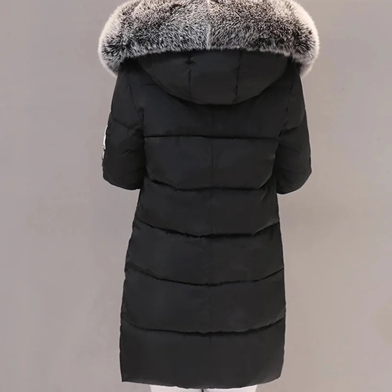 Damen Winter Parka mit Pelzkragen und Kapuze, modisch, mit Buchstaben-Patch, Reißverschlusstaschen, Design, lange Jacke, elegant, schlank, warm, dick, Damenmäntel