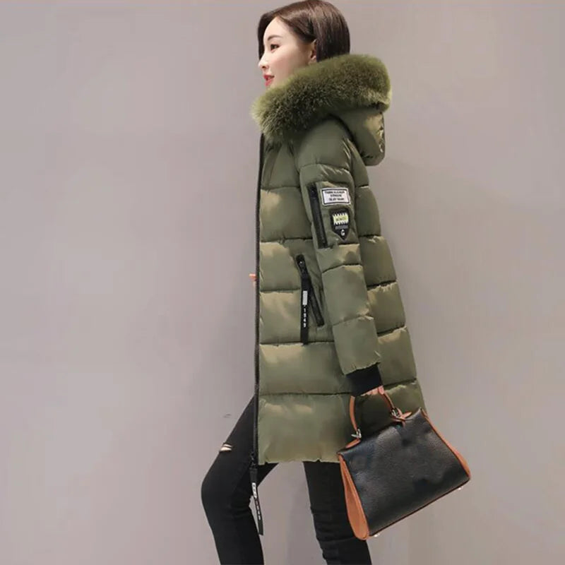 Parka con cappuccio e collo in pelliccia invernale da donna, alla moda, con lettere, tasche con cerniera, design lungo, elegante, sottile, caldo e spesso, cappotti femminili