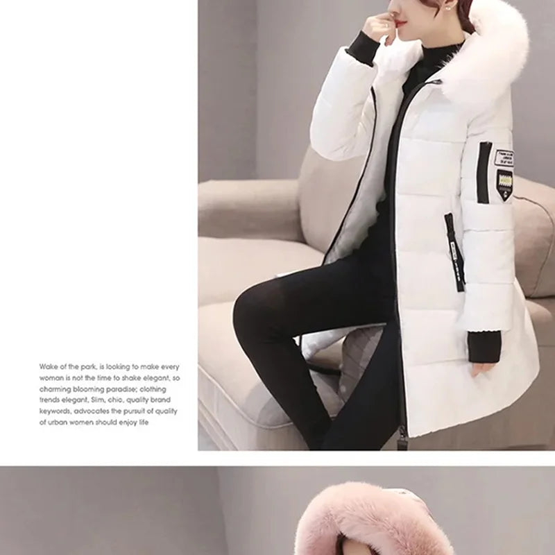 Women Winter Fur Collar Hooded Parka Fashion Letter Patch Zipper Pockets Design Long Jacket Elegant Slim Warm Thick Female Coats