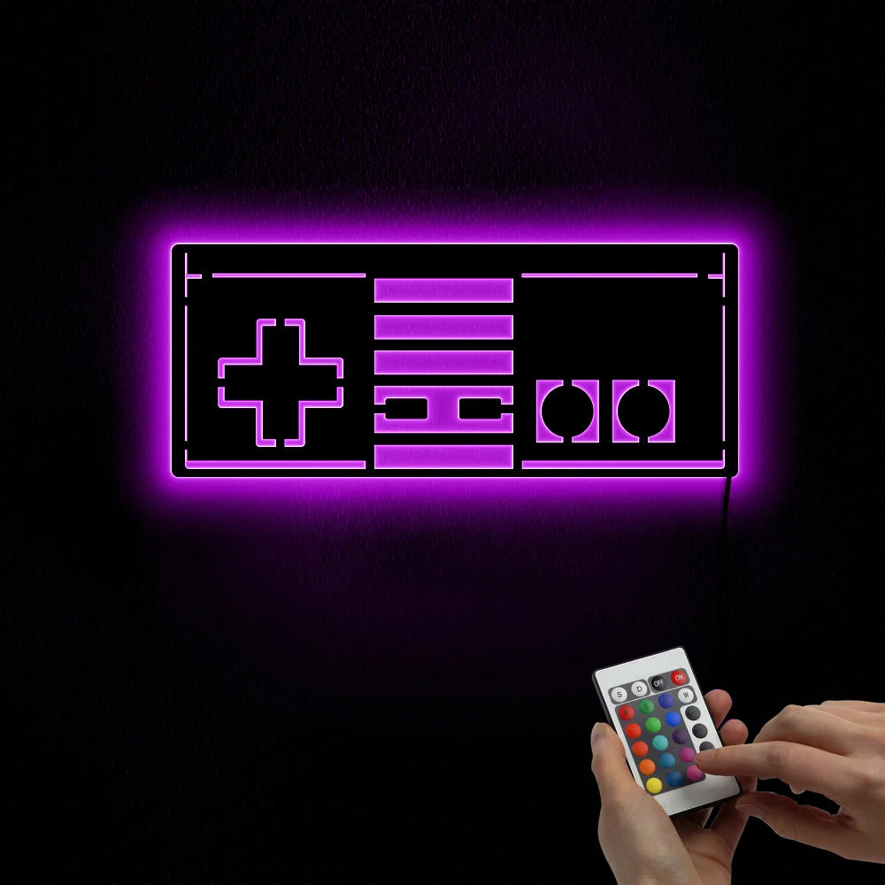 Retro gamepad wall mirror with LED backlight in purple, acrylic material.