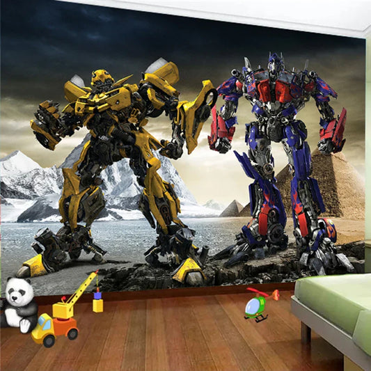 3D cartoon robot mural wallpaper for kids room design.