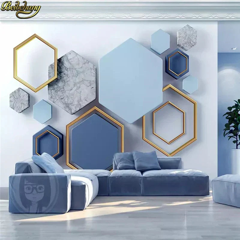 Modern minimalist geometric marble 3D wallpaper for living room decor.