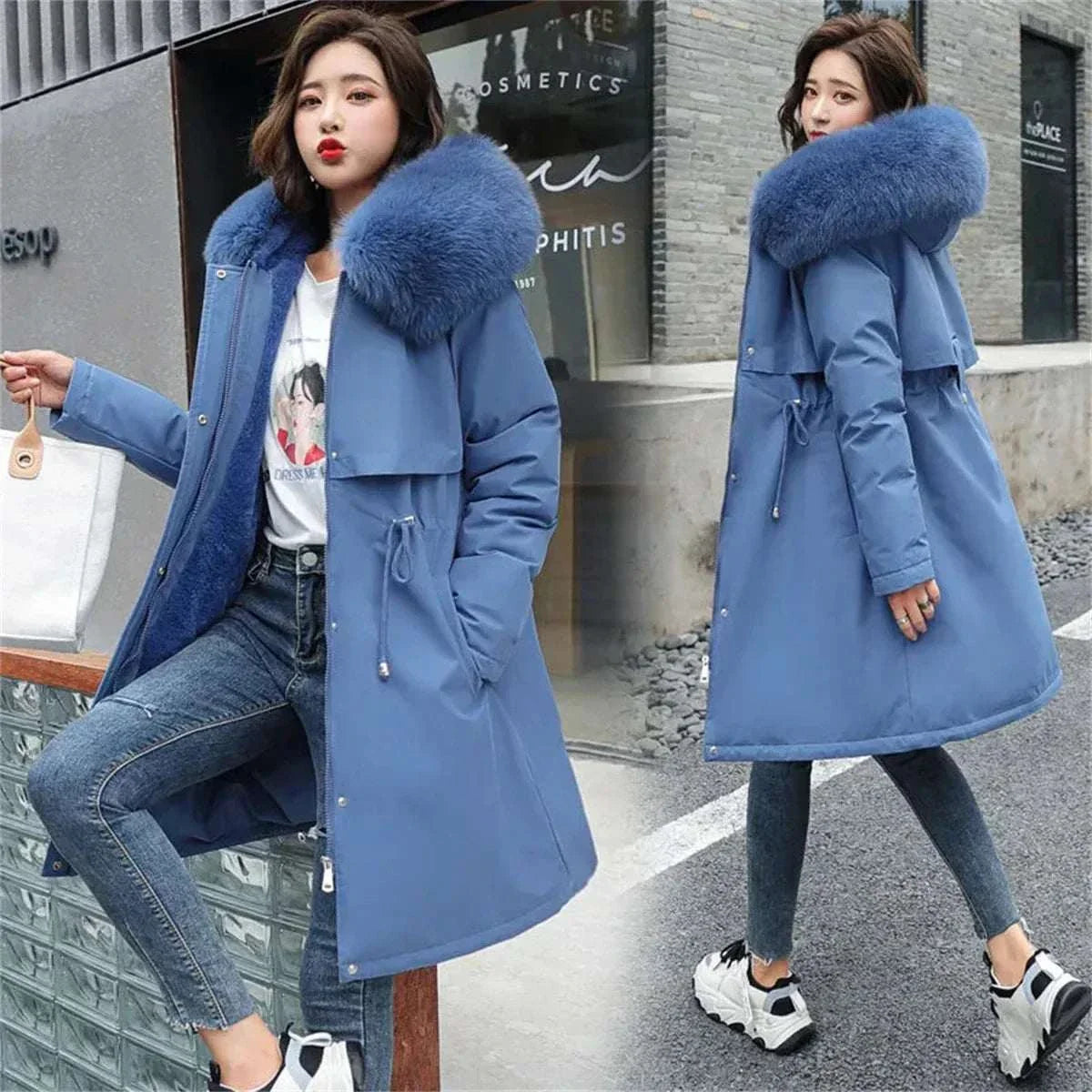 Winter Parka Jacket For Women 2024 New Long Sleeve Clothes Fashion Hooded Fur Collar Coat Thick Warm Casual Medium Length Coats