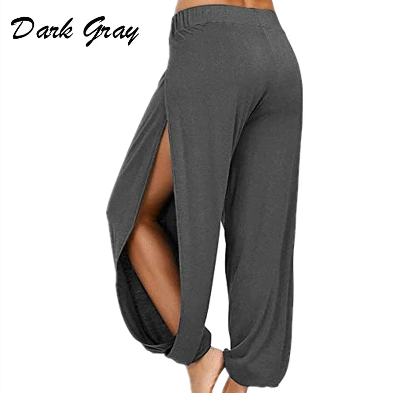 Damenbekleidung Yoga Hohe elastische Taille Schlitz Weites Bein Harenhose Gym Leggings Lässige feste lockere Hose Home Sommertrend