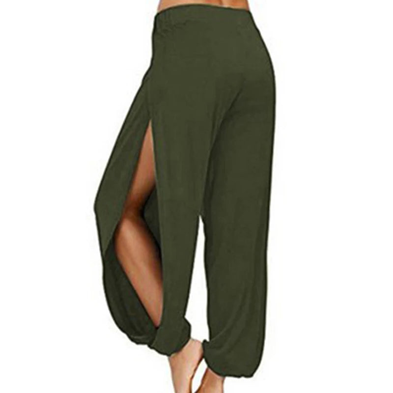 Damenbekleidung Yoga Hohe elastische Taille Schlitz Weites Bein Harenhose Gym Leggings Lässige feste lockere Hose Home Sommertrend