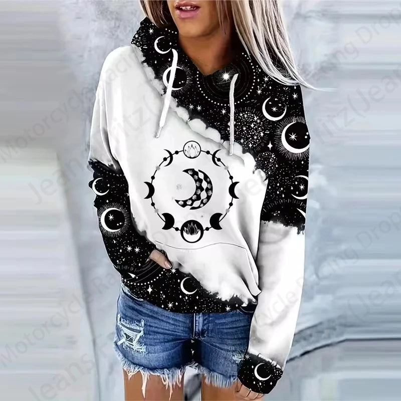 Moon Sun 3d Print Drawstring Hoodie Women Fashion Oversized Hoodies Wo