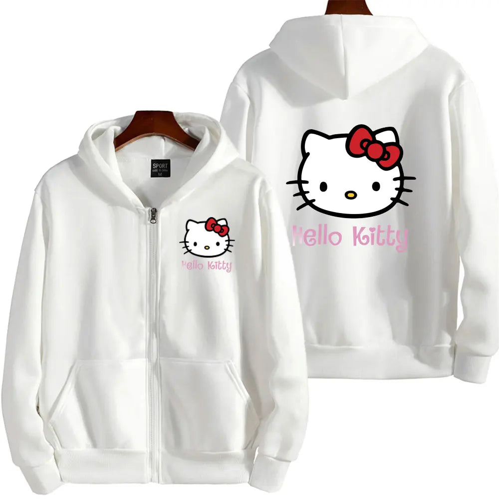 Damen Reißverschluss Hoodie Herbst und Winter Neues süßes Kawaii Sanrio Hello Kitty Muster Sweatshirt 2024 Streetwear Damenbekleidung