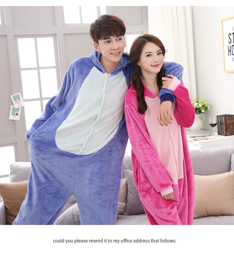 New Cartoon One-Piece Pajamas Men and Women Flannel Blue and Pink Anim