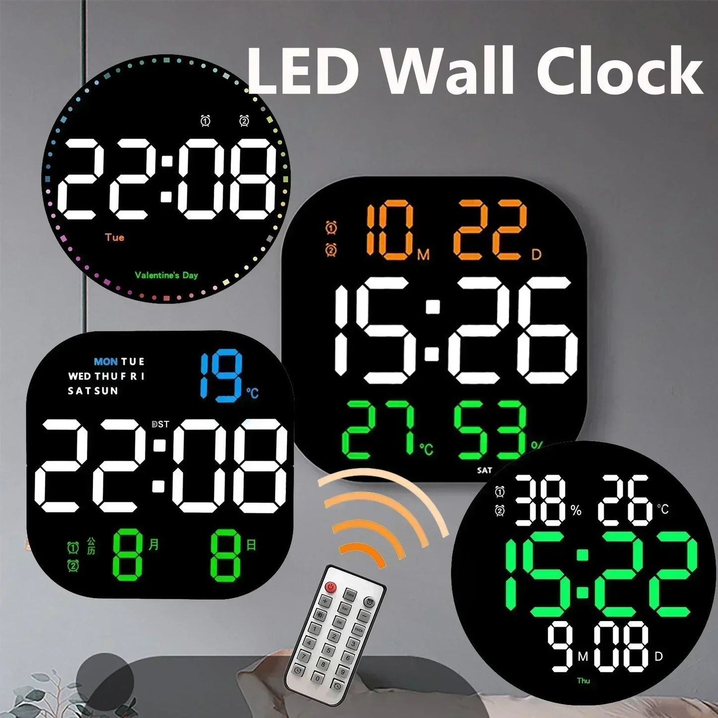 LED digital wall clock with large screen displaying time, temperature, date, and day.