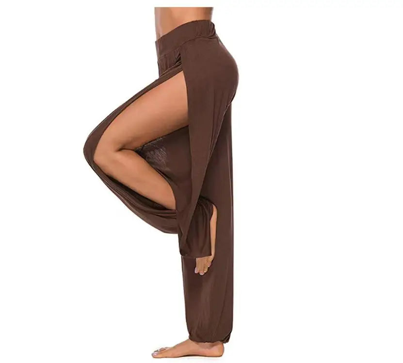 Damenbekleidung Yoga Hohe elastische Taille Schlitz Weites Bein Harenhose Gym Leggings Lässige feste lockere Hose Home Sommertrend