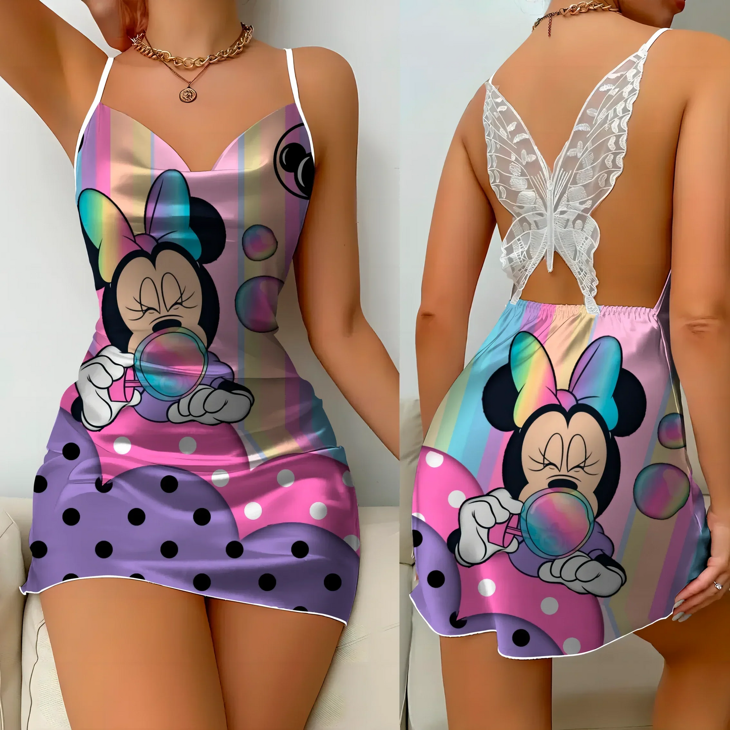 Minikleid Pyjamarock Schleife Knoten Partykleider Satinoberfläche Minnie Mouse Disney Mickey Damenmode Sommer 2024 Elegante Damen