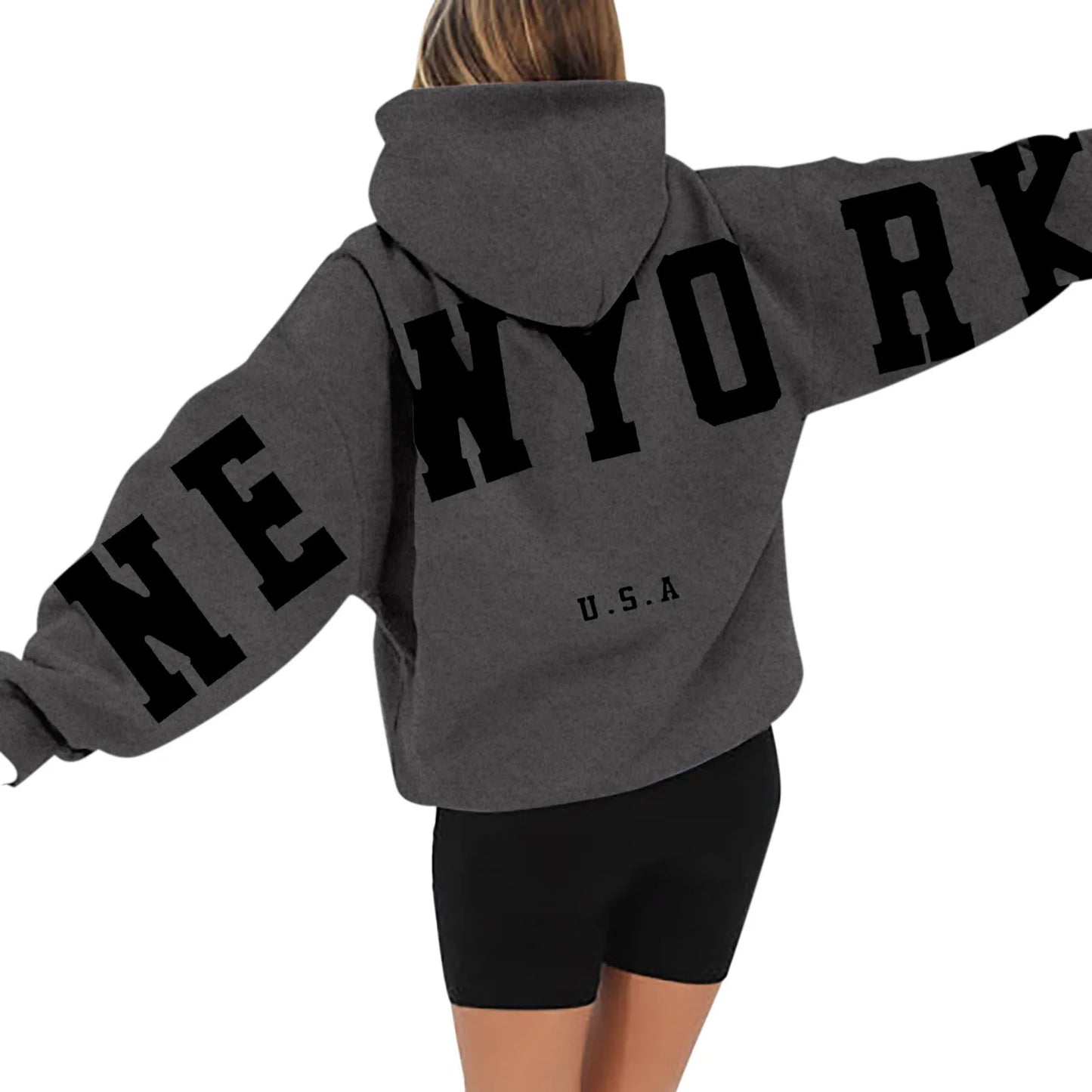 Kapuzenpullover mit langen Ärmeln und Reißverschluss auf der Rückseite für Damen, mit New York USA-Aufdruck, Kapuzenpulloverkleid, lange Kapuzenpullover für Damen, Sweatshirts, Übergröße