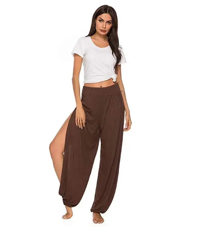 Damenbekleidung Yoga Hohe elastische Taille Schlitz Weites Bein Harenhose Gym Leggings Lässige feste lockere Hose Home Sommertrend