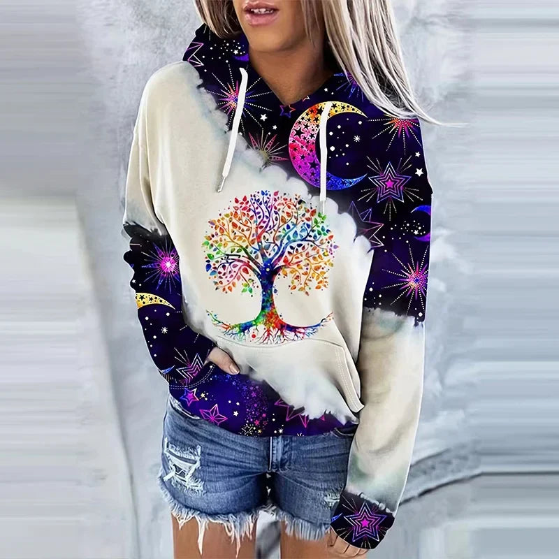 Moon Print Drawstring Hoodie Casual Long Sleeve Hooded Sweatshirt Women's Clothing