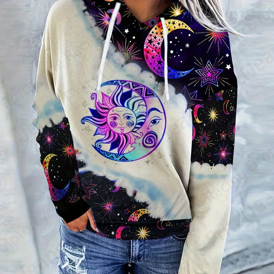 Fashion oversized hoodie with moon and sun 3D print, featuring soft fabric and adjustable drawstring.