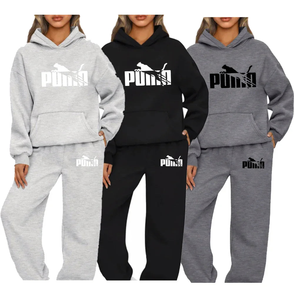 New autumn winter women's fashion printing tracksuit outfit in grey, black, and dark grey hoodies and sweatpants sets.