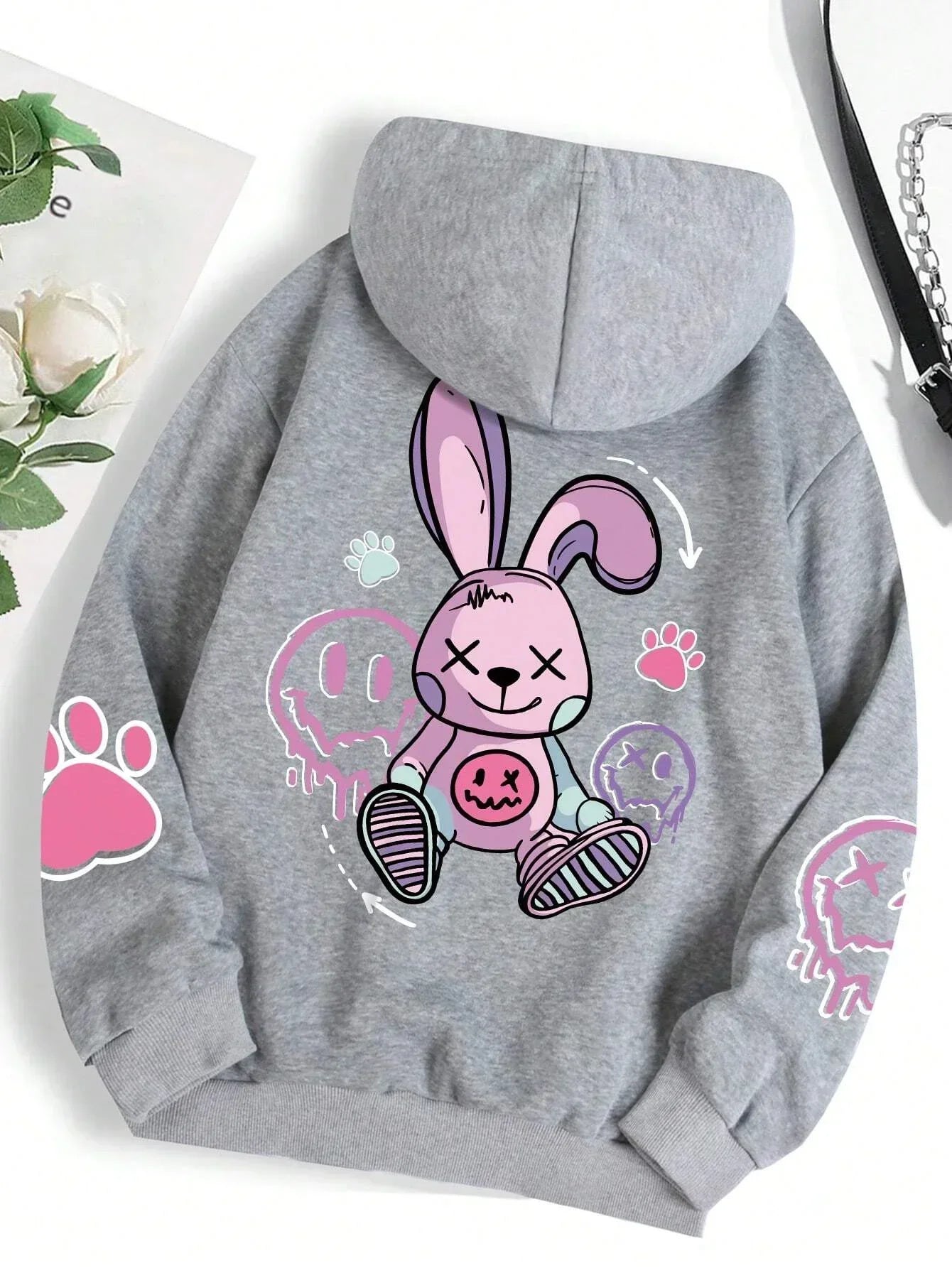 Casual Women Hoodies Good Cartoons Pink Rabbit Cute Printing Pullovers 