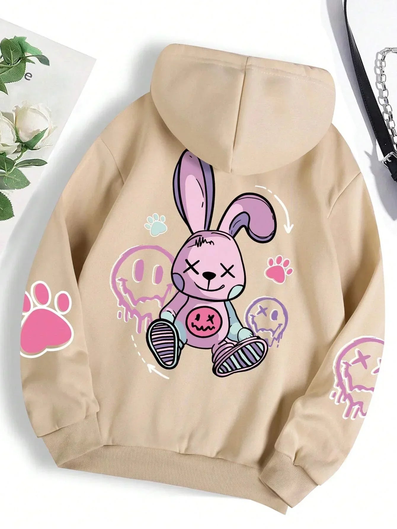 Casual Women Hoodies Good Cartoons Pink Rabbit Cute Printing Pullovers 