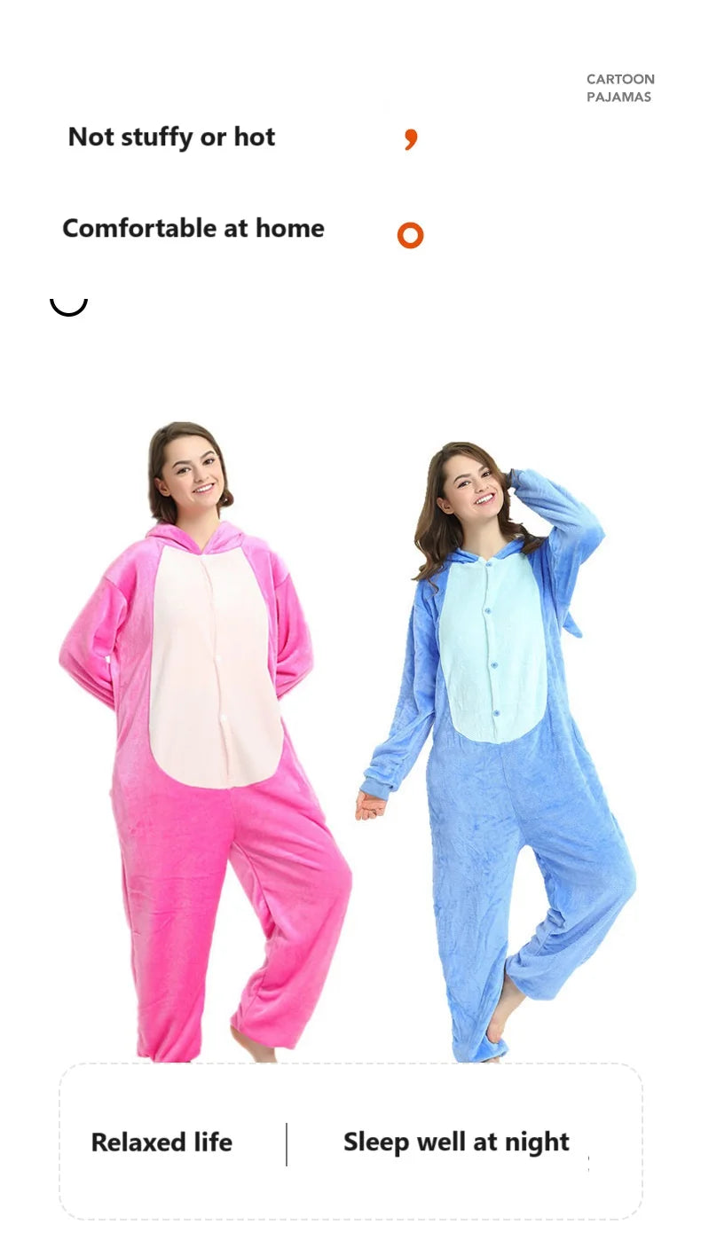 New Cartoon One-Piece Pajamas Men and Women Flannel Blue and Pink Anim