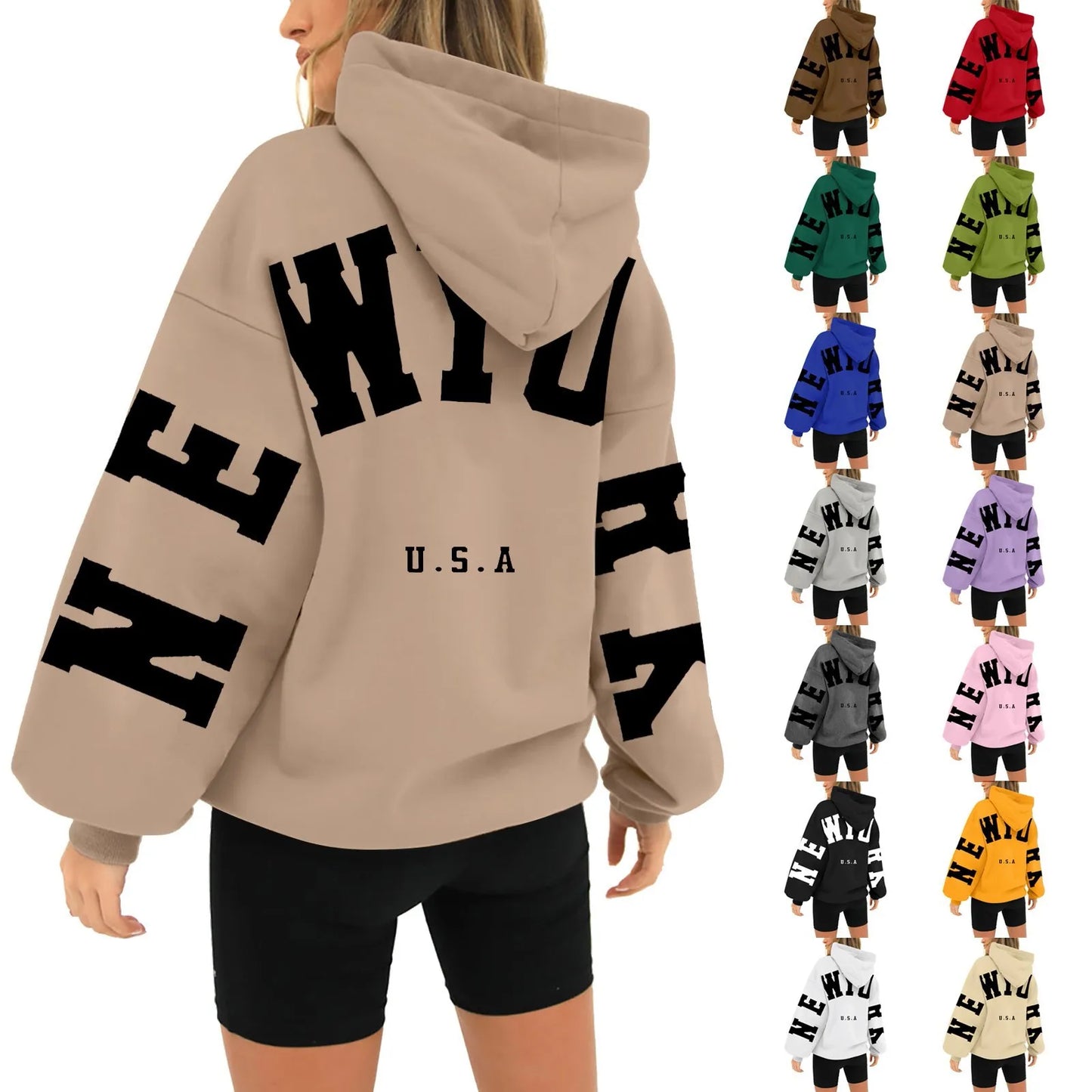 Kapuzenpullover mit langen Ärmeln und Reißverschluss auf der Rückseite für Damen, mit New York USA-Aufdruck, Kapuzenpulloverkleid, lange Kapuzenpullover für Damen, Sweatshirts, Übergröße