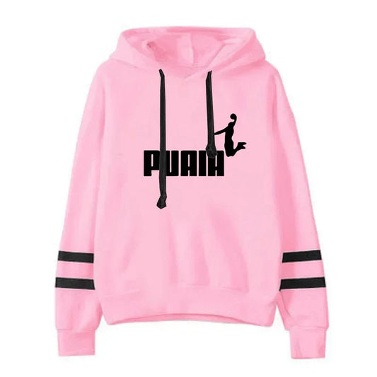 Women hooded sweatshirt, pink with black stripes and letter print, casual daily wear.