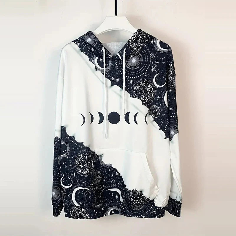 Moon Print Drawstring Hoodie Casual Long Sleeve Hooded Sweatshirt Women's Clothing