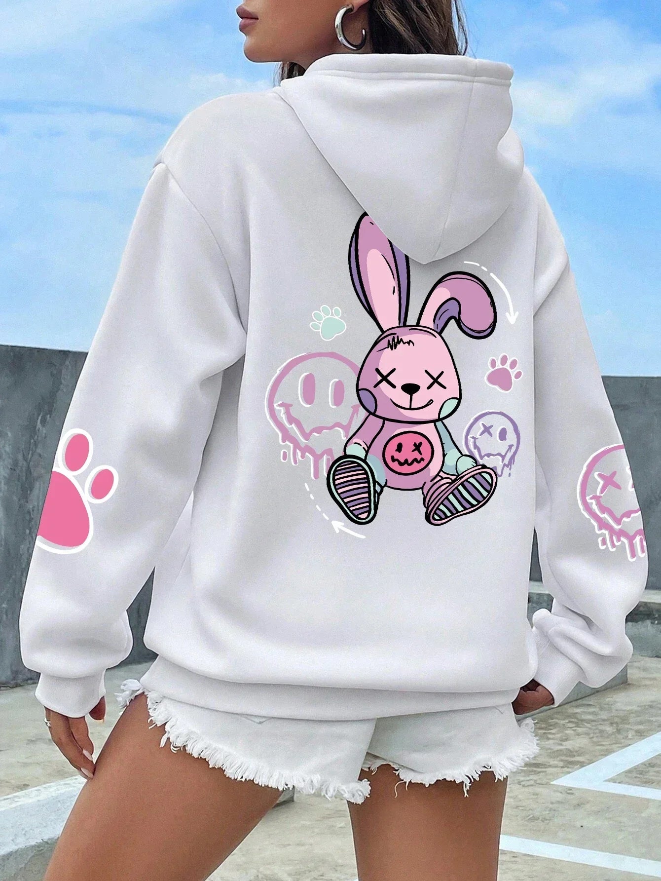 Casual Women Hoodies Good Cartoons Pink Rabbit Cute Printing Pullovers 