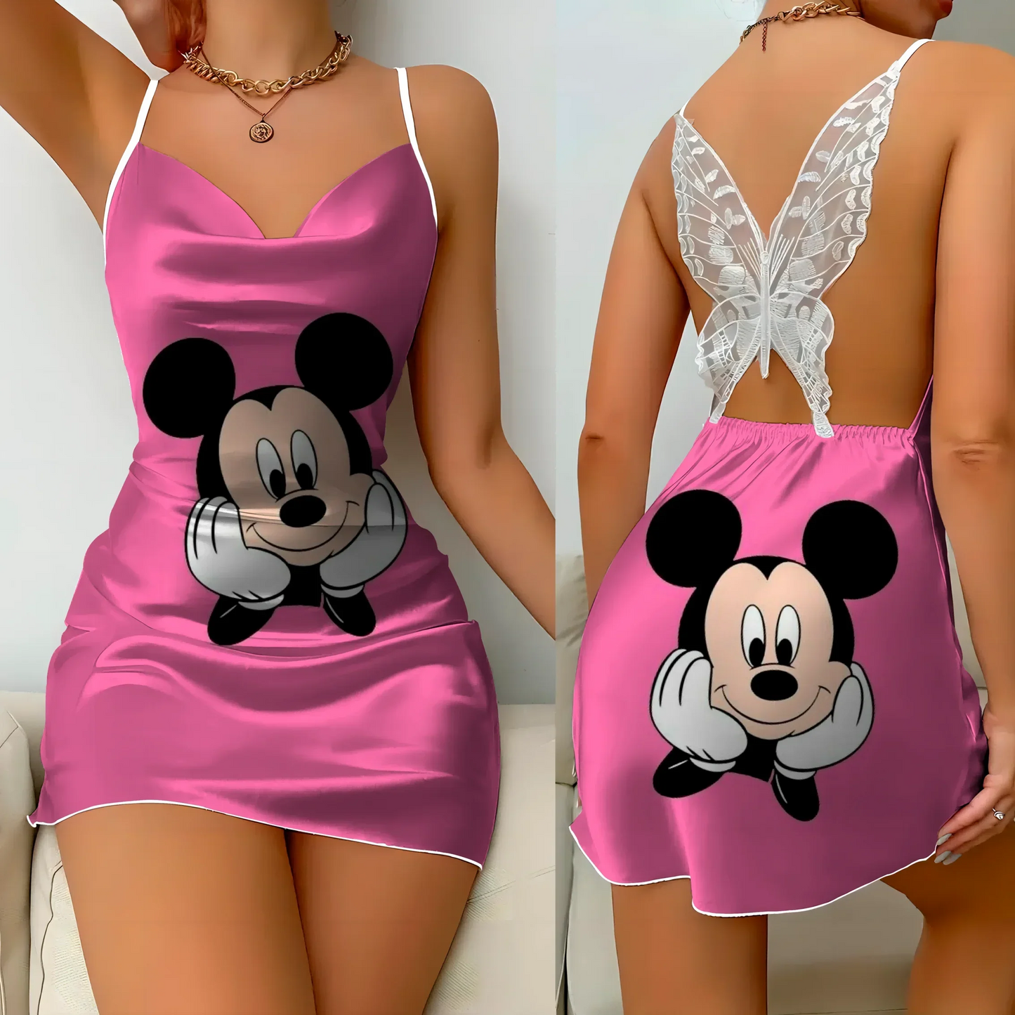 Minikleid Pyjamarock Schleife Knoten Partykleider Satinoberfläche Minnie Mouse Disney Mickey Damenmode Sommer 2024 Elegante Damen