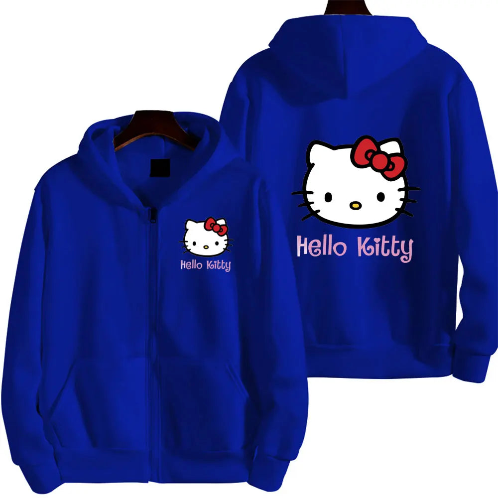 Women's Zipper Hoodie Autumn and Winter New Cute Kawaii Sanrio Hello Kitty Pattern Sweatshirt 2024 Streetwear