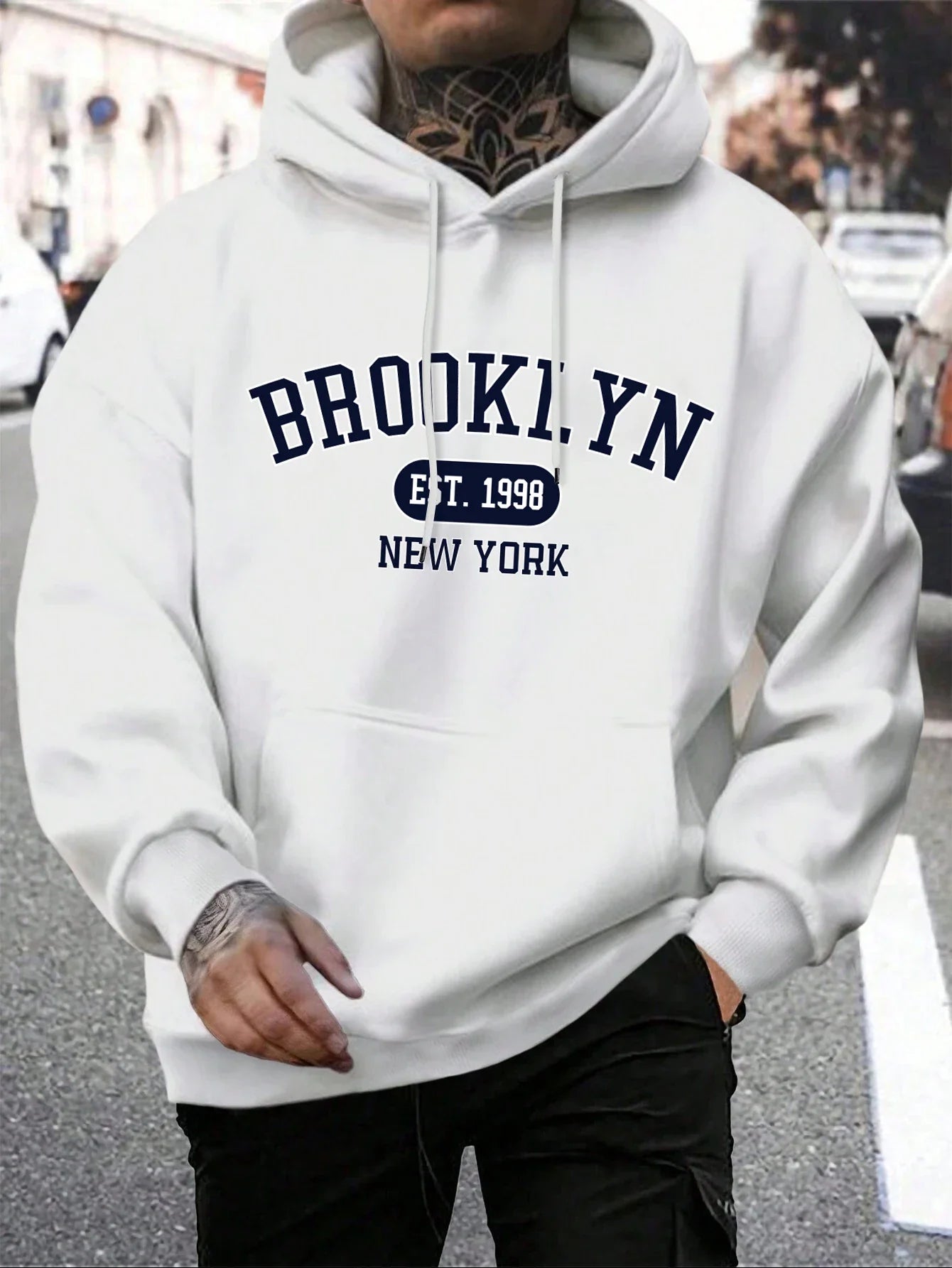 Brooklyn Est 1998 New York men's white hoodie, casual Harajuku style, oversized fit.