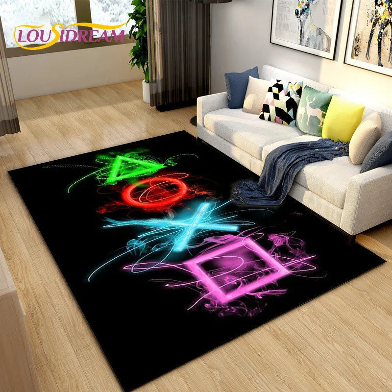 Modern Game Controller Area Rug by LOUSIDREAM in a living room setting.