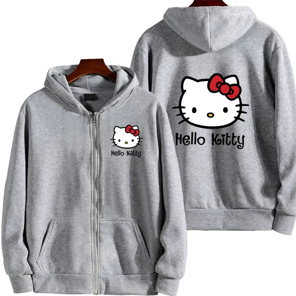 Damen Reißverschluss Hoodie Herbst und Winter Neues süßes Kawaii Sanrio Hello Kitty Muster Sweatshirt 2024 Streetwear Damenbekleidung