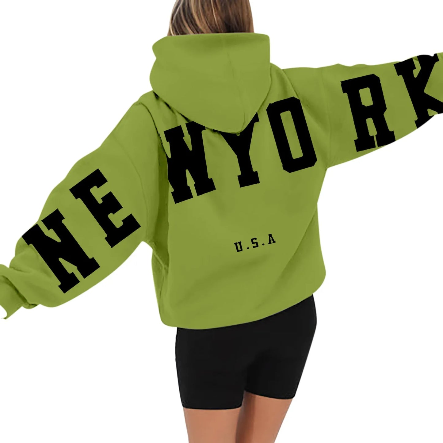 Kapuzenpullover mit langen Ärmeln und Reißverschluss auf der Rückseite für Damen, mit New York USA-Aufdruck, Kapuzenpulloverkleid, lange Kapuzenpullover für Damen, Sweatshirts, Übergröße