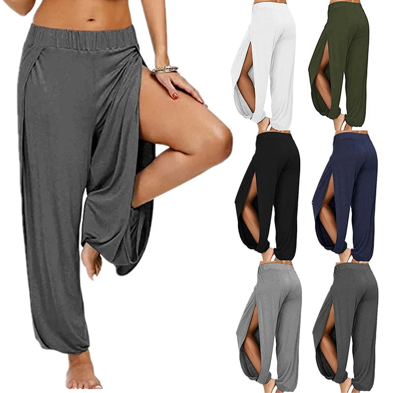 Damenbekleidung Yoga Hohe elastische Taille Schlitz Weites Bein Harenhose Gym Leggings Lässige feste lockere Hose Home Sommertrend