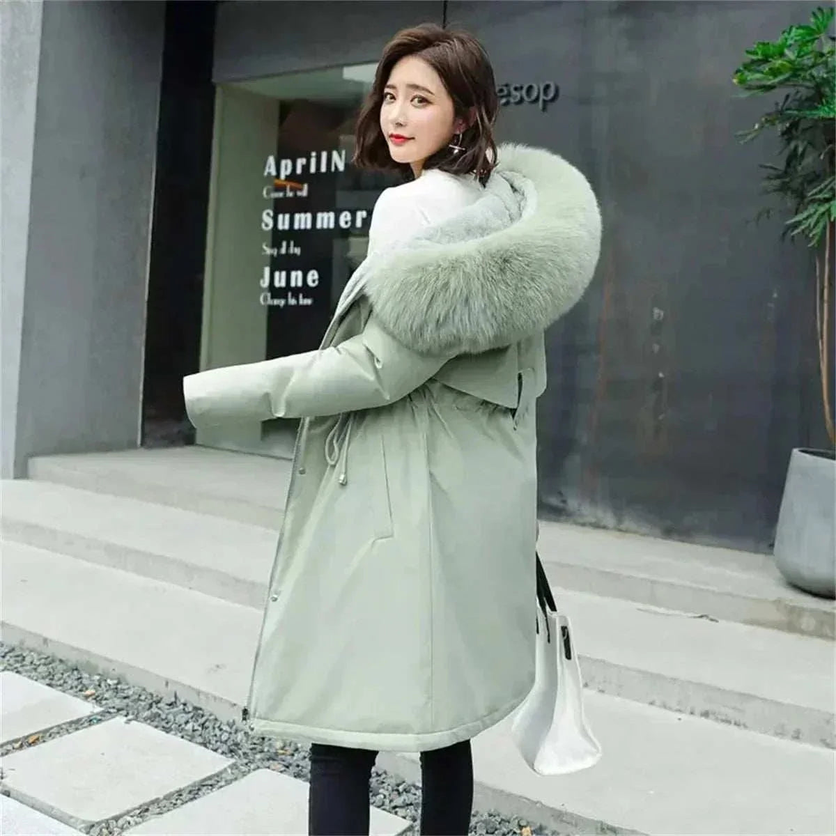 Winter Parka Jacket For Women 2024 New Long Sleeve Clothes Fashion Hooded Fur Collar Coat Thick Warm Casual Medium Length Coats