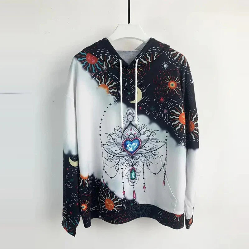 Moon Print Drawstring Hoodie Casual Long Sleeve Hooded Sweatshirt Women's Clothing